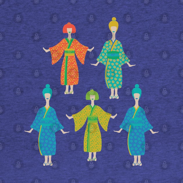 KIMONO LADIES Traditional Japanese Geisha Women in Rainbow Palette Orange Yellow Green Blue Turquoise Teal - UnBlink Studio by Jackie Tahara by UnBlink Studio by Jackie Tahara